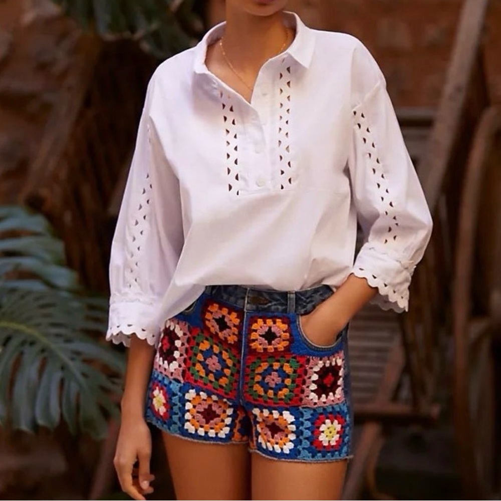 Farm Rio Colorful Crochet Knit Denim Jeans Shorts - 31 - Picture 5 of 12